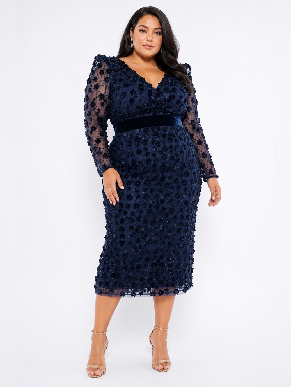 Mac Duggal Midnight Beaded Floral Appliqué Midi Dress. NWT MSRP $448
